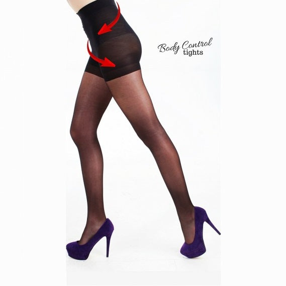 PAMELA MANN: 15 DENIER GLOSS BLACK BODY CONTROL TIGHTS S/M