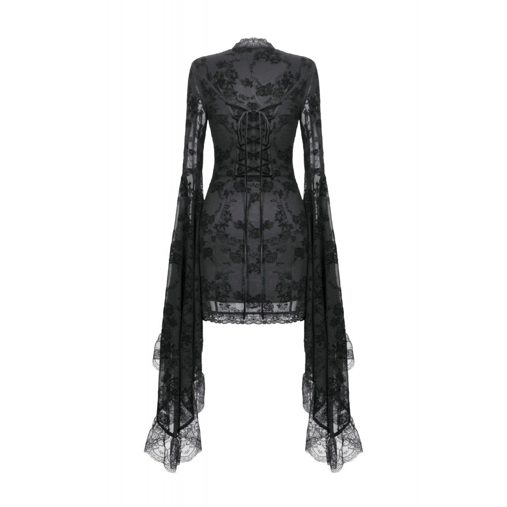 Dark In Love: Flounce Sleeved Gothic Embroidered Mesh Dress