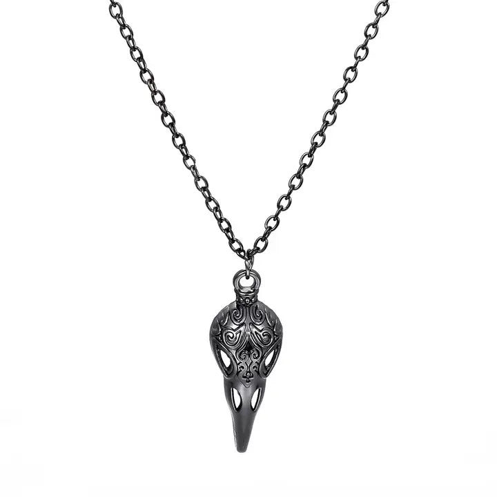 Salina: Goth Raven Skull Necklace - Gun Metal
