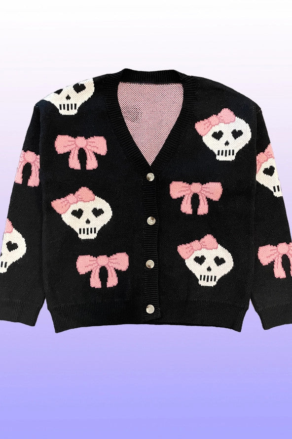 MS: Black & Pink Skull Knit Cardigan Sweater