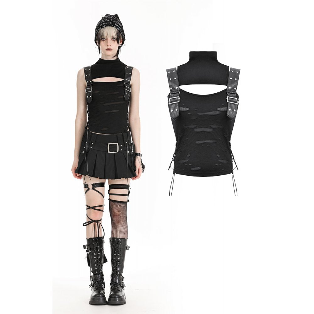 Dark In Love: Black Motorbike Buckle Strap Tank Top