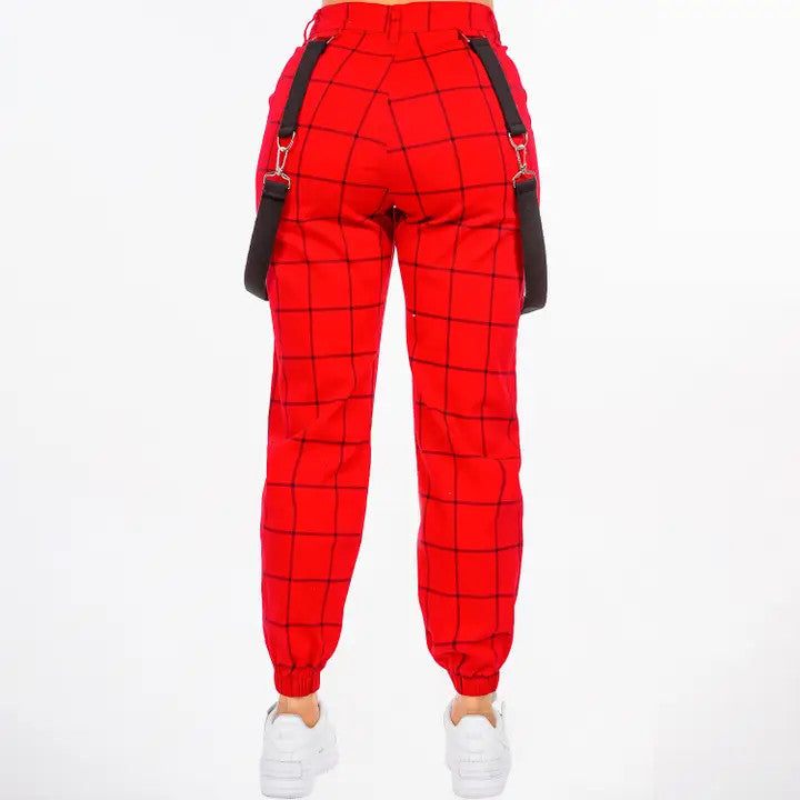 Bazi: High Waist Plus Size Red Grid Pants