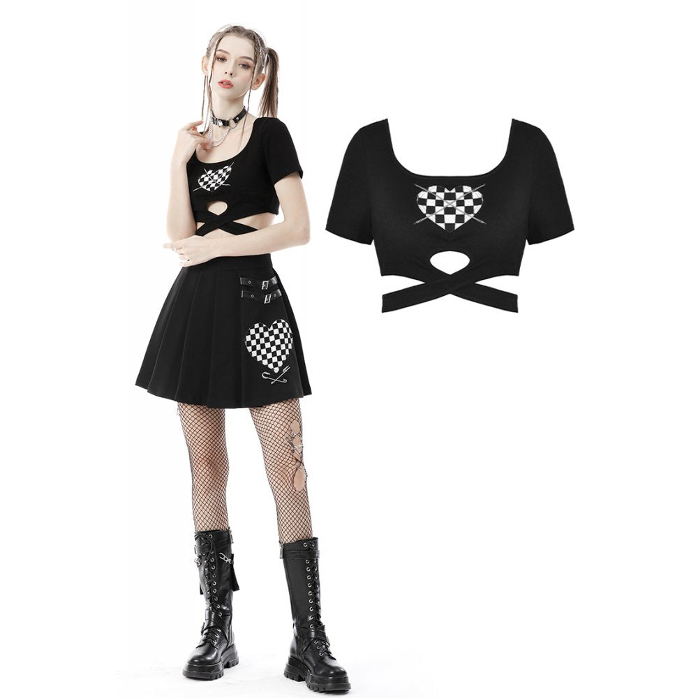 Dark In Love: Punk Black Locomotive Checkered Heart Crop Top