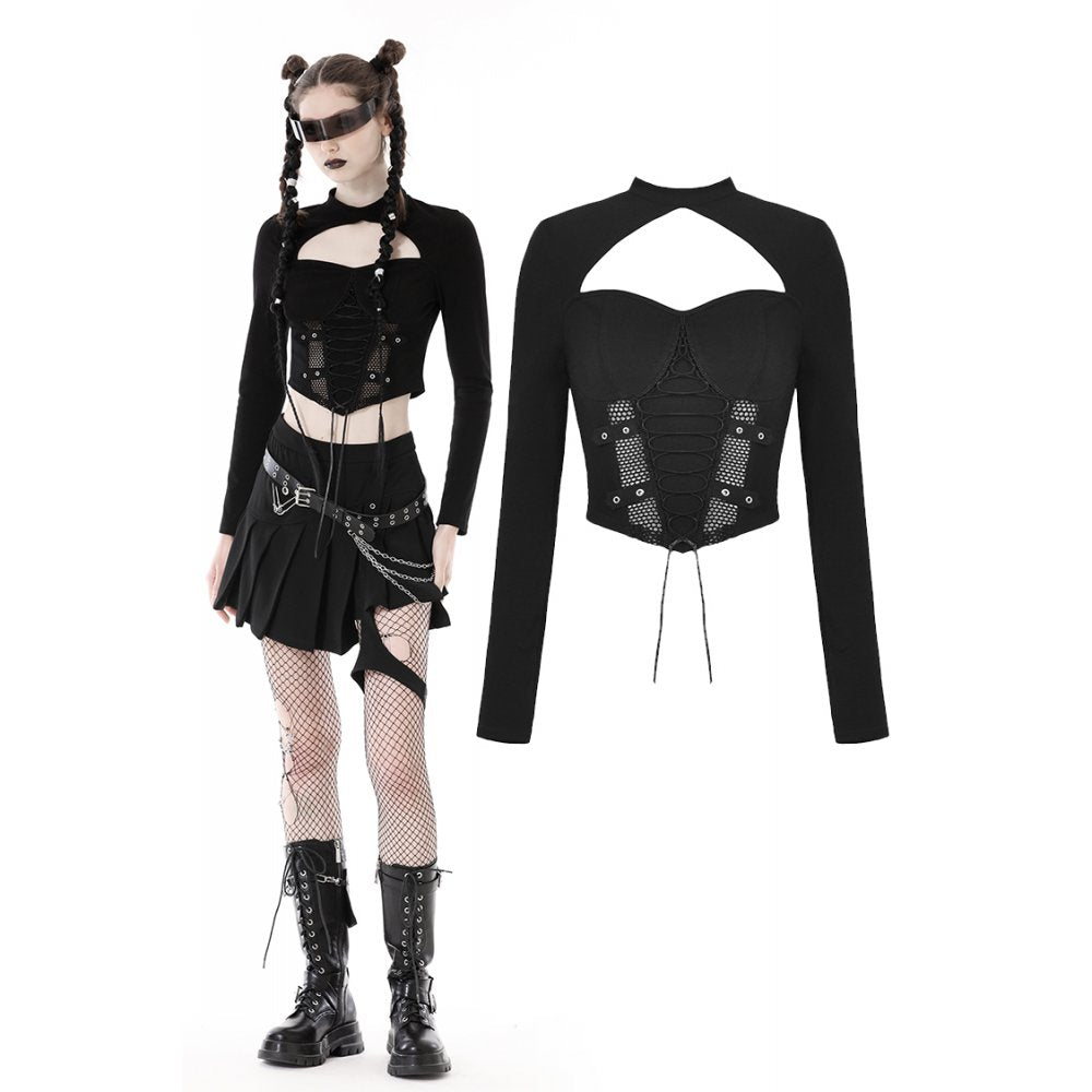 Dark In Love: Peek A Boo Mesh Lace Up Top