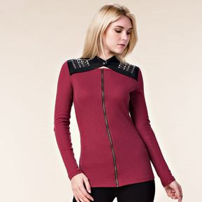 Vocal: Burgundy Studded Collar Zip-Up Longsleeve