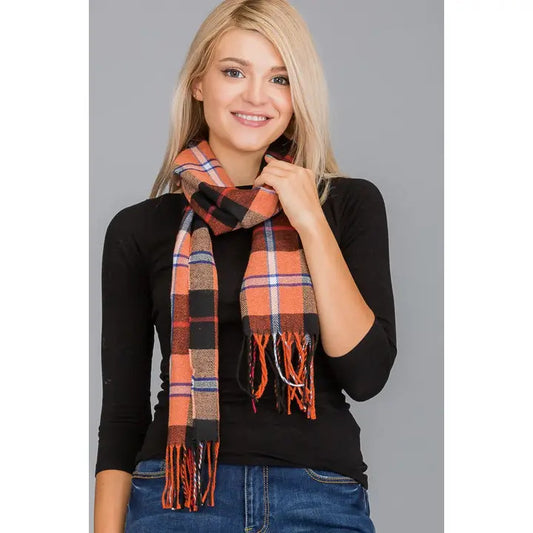 Cap Zone: Plaid Pattern Fringe Oblong Wrap Scarf