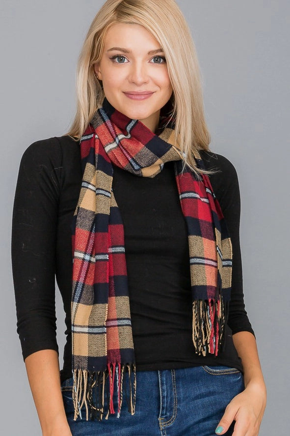 Cap Zone: Plaid Pattern Fringe Oblong Wrap Scarf
