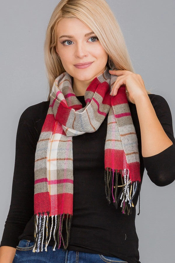 Cap Zone: Plaid Pattern Fringe Oblong Wrap Scarf