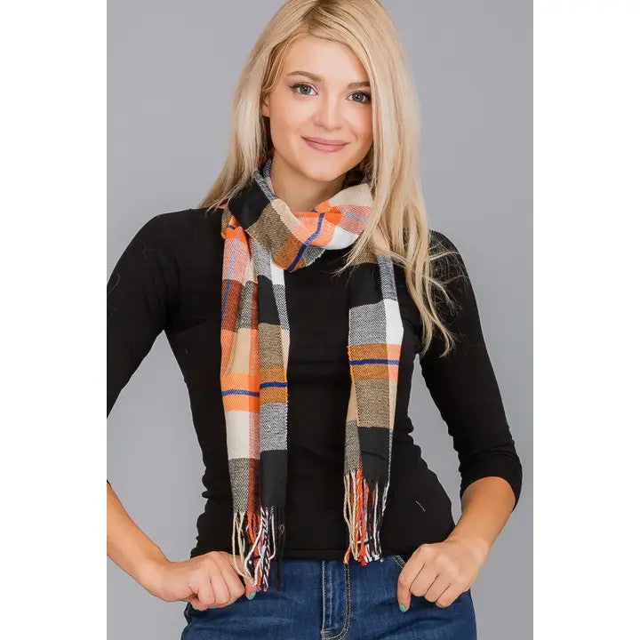 Cap Zone: Plaid Pattern Fringe Oblong Wrap Scarf