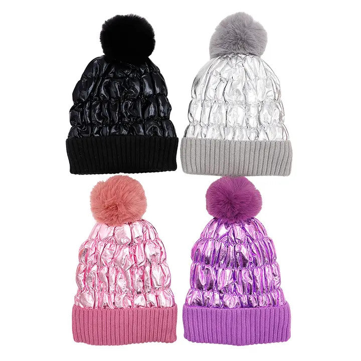 Cap Zone: Metallic Puffer Fuzzy Sherpa Fleece Lined Beanie