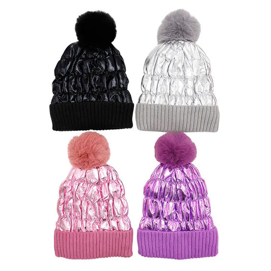 Cap Zone: Metallic Puffer Fuzzy Sherpa Fleece Lined Beanie