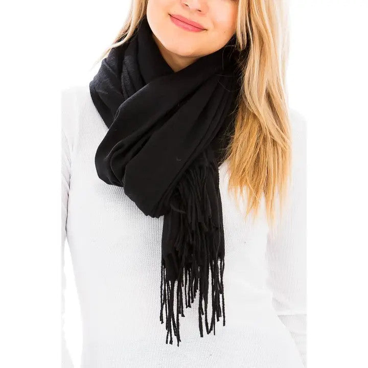 Cap Zone: Solid Color Weaved Fringed Oblong Scarf