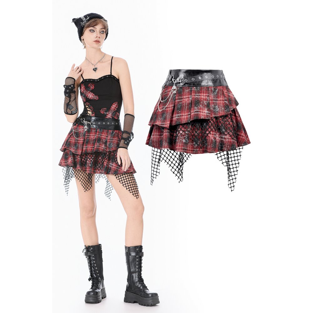 Dark In Love: Distressed Plaid Chain-Adorned Punk Skirt
