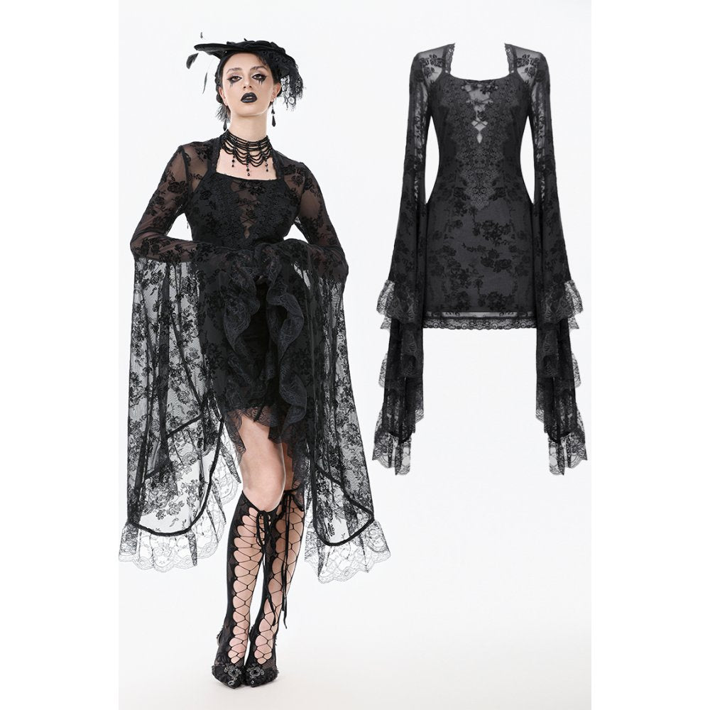 Dark In Love: Flounce Sleeved Gothic Embroidered Mesh Dress