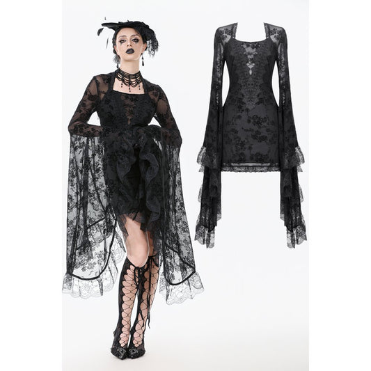 Dark In Love: Flounce Sleeved Gothic Embroidered Mesh Dress