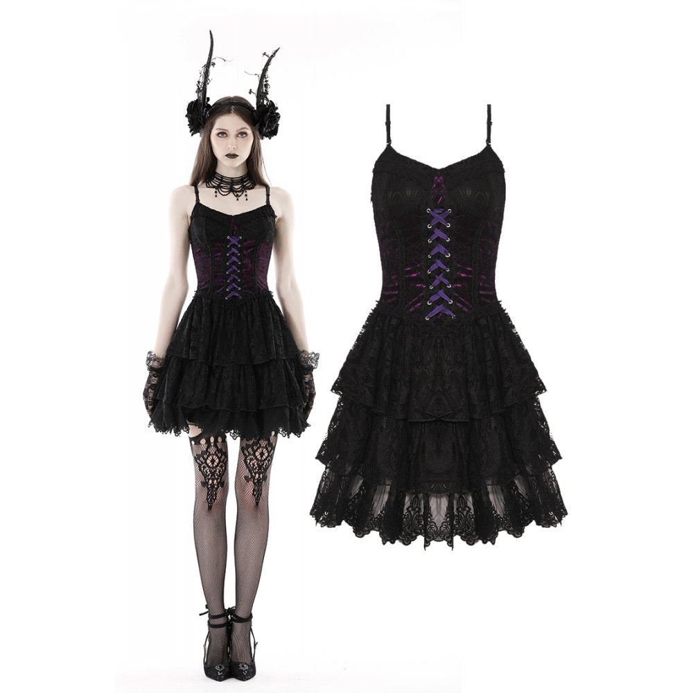 Dark In Love: Gothic Black & Purple Lace Up Mini Dress
