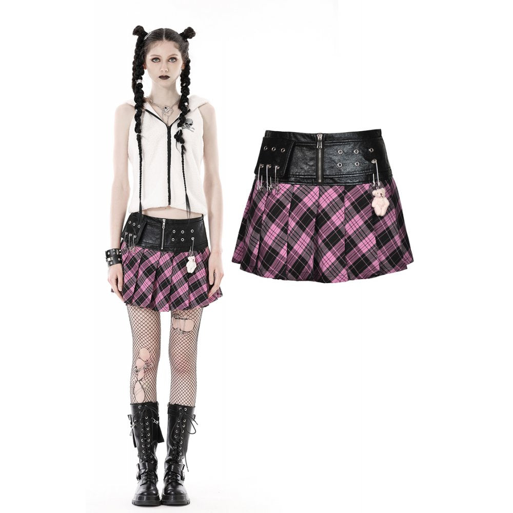 Dark In Love: Pink Plaid Metal PU Bear Mini Skirt