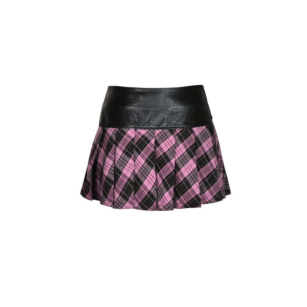 Dark In Love: Pink Plaid Metal PU Bear Mini Skirt