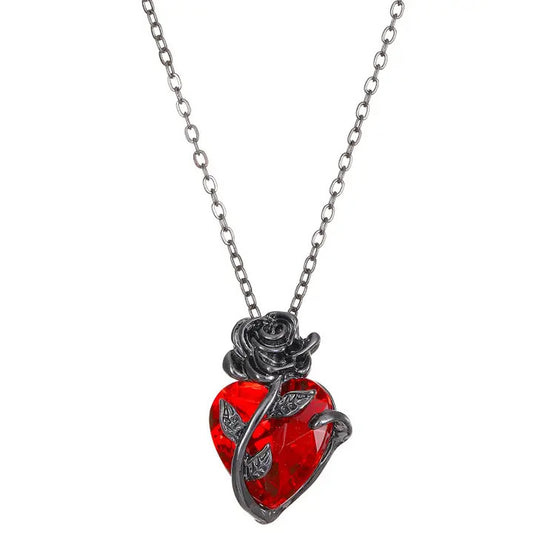 Salina: Goth Heart Rose Necklace - Gun Metal