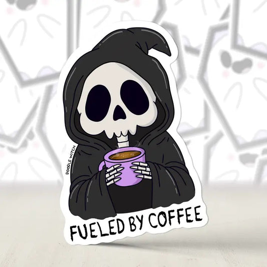 DW: Fueled By Coffee Reaper Sticker (1.6x2.5)