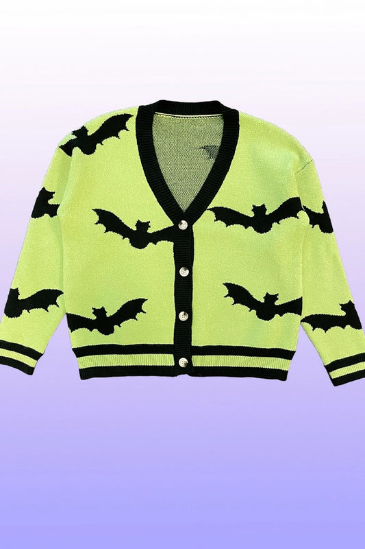 MS: Green Bat Halloween Knit Cardigan Sweater