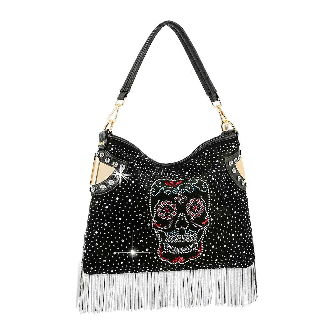 HE: Sugar Skull Beaded Fringe Hobo Handbag