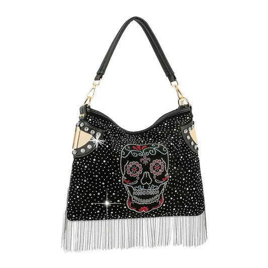 HE: Sugar Skull Beaded Fringe Hobo Handbag