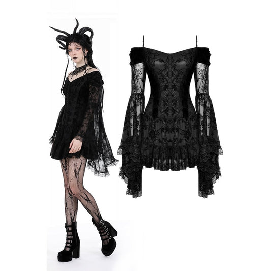 Dark In Love: Black Gothic Embroidered Flounce Sleeved Dress