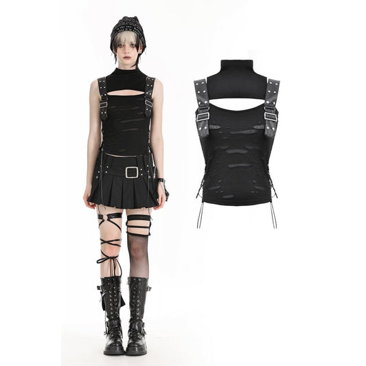Dark In Love: Black Motorbike Buckle Strap Tank Top