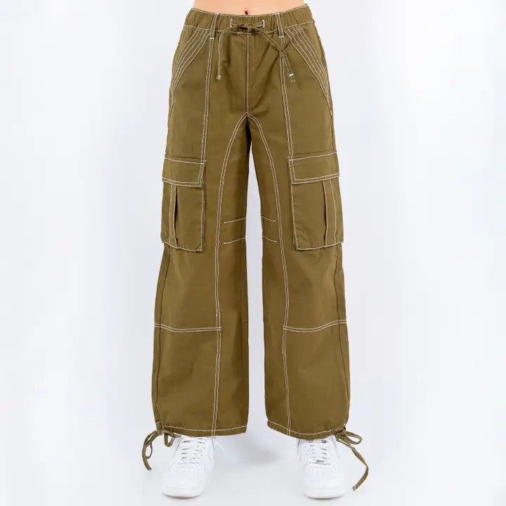 Bazi: Contrast Stitching Jogger Pants - Olive/Wht
