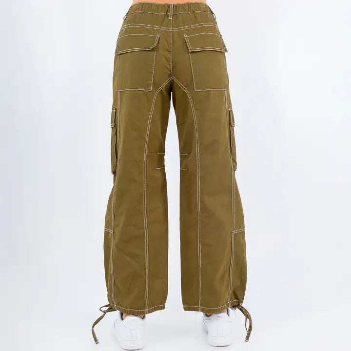 Bazi: Contrast Stitching Jogger Pants - Olive/Wht