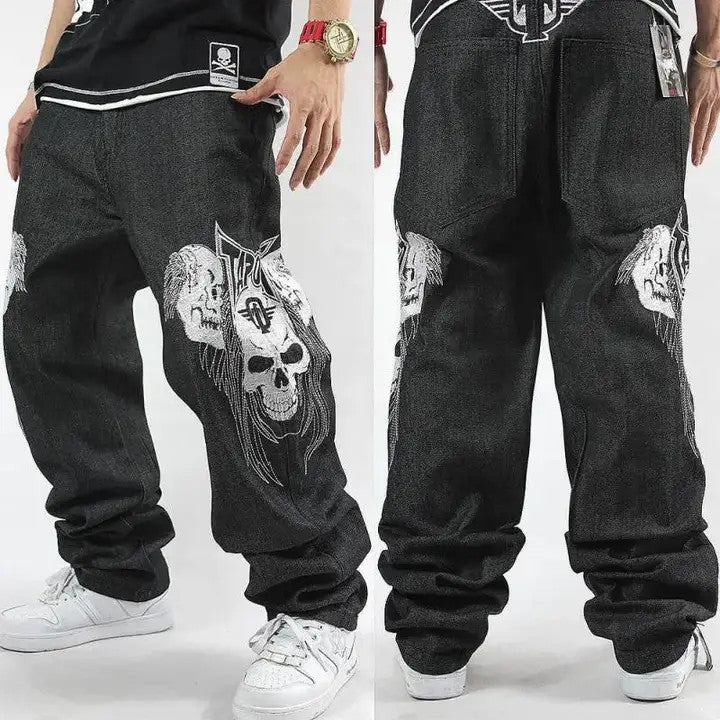 Salina: Gothic Skull Printed Denim Trousers
