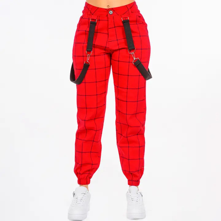 Bazi: High Waist Plus Size Red Grid Pants