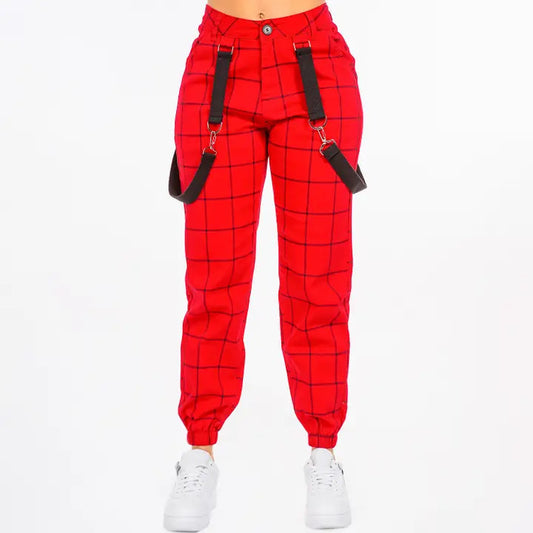 Bazi: High Waist Plus Size Red Grid Pants