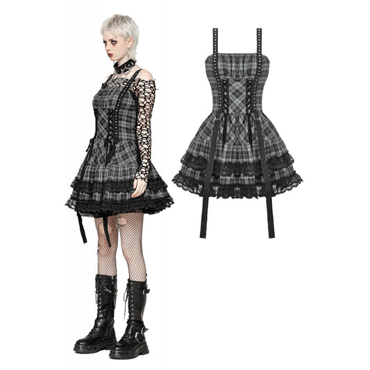 Dark In Love: Punk Grey Plaid Metal Studded Dress