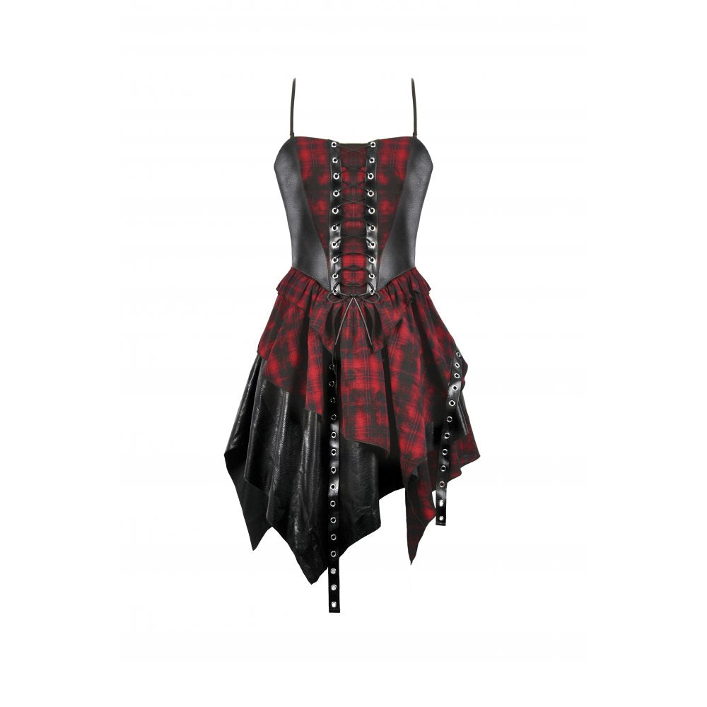 Dark In Love: Punk Red Plaid & Leather Spliced Dress