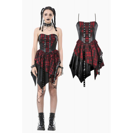 Dark In Love: Punk Red Plaid & Leather Spliced Dress