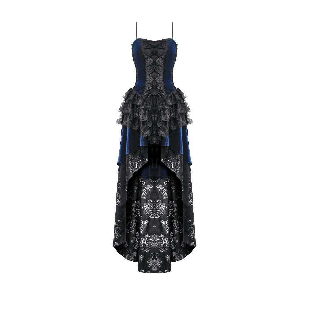 Dark In Love: Gothic Indigo Velvet & Lace Tiered Tail Dress