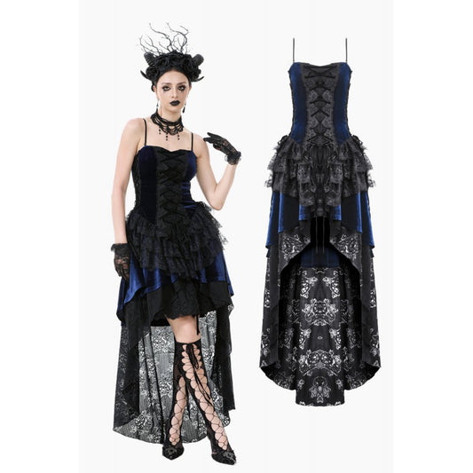 Dark In Love: Gothic Indigo Velvet & Lace Tiered Tail Dress