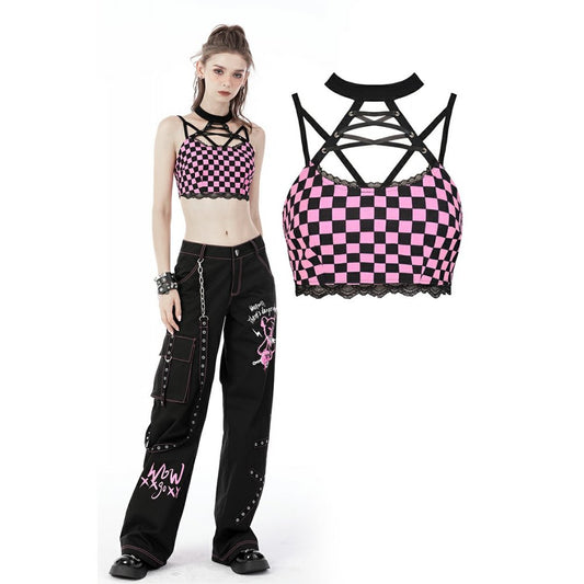 Dark In Love: Pink & Black Plaid Rebel Racer Crop Top