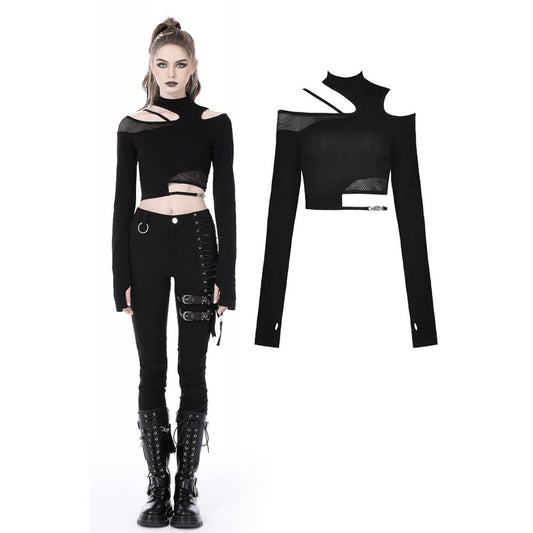 Dark In Love: Asymmetric Mesh And Buckle Top